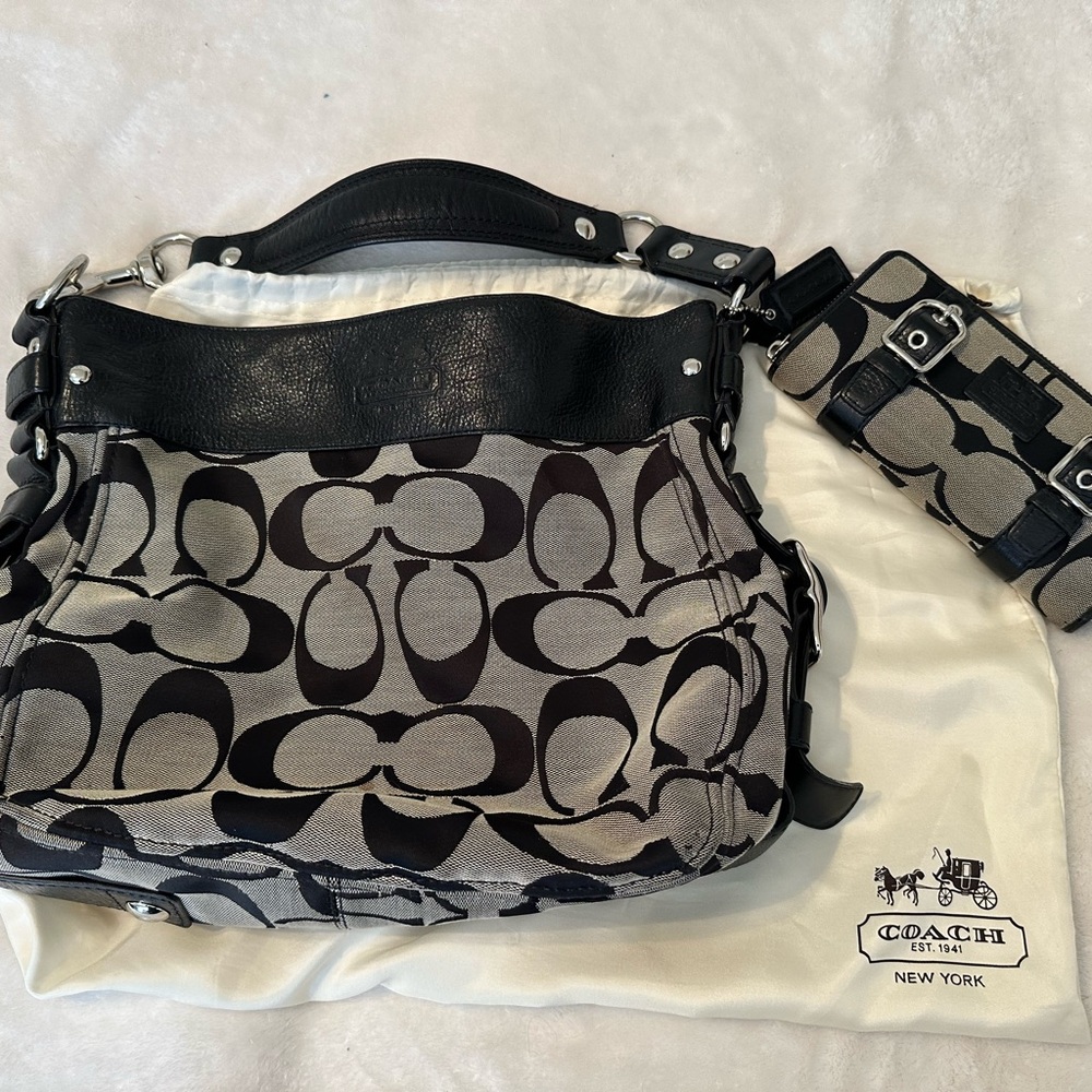 Coach Black and Gray Signature Shoulder Bag and matching wallet